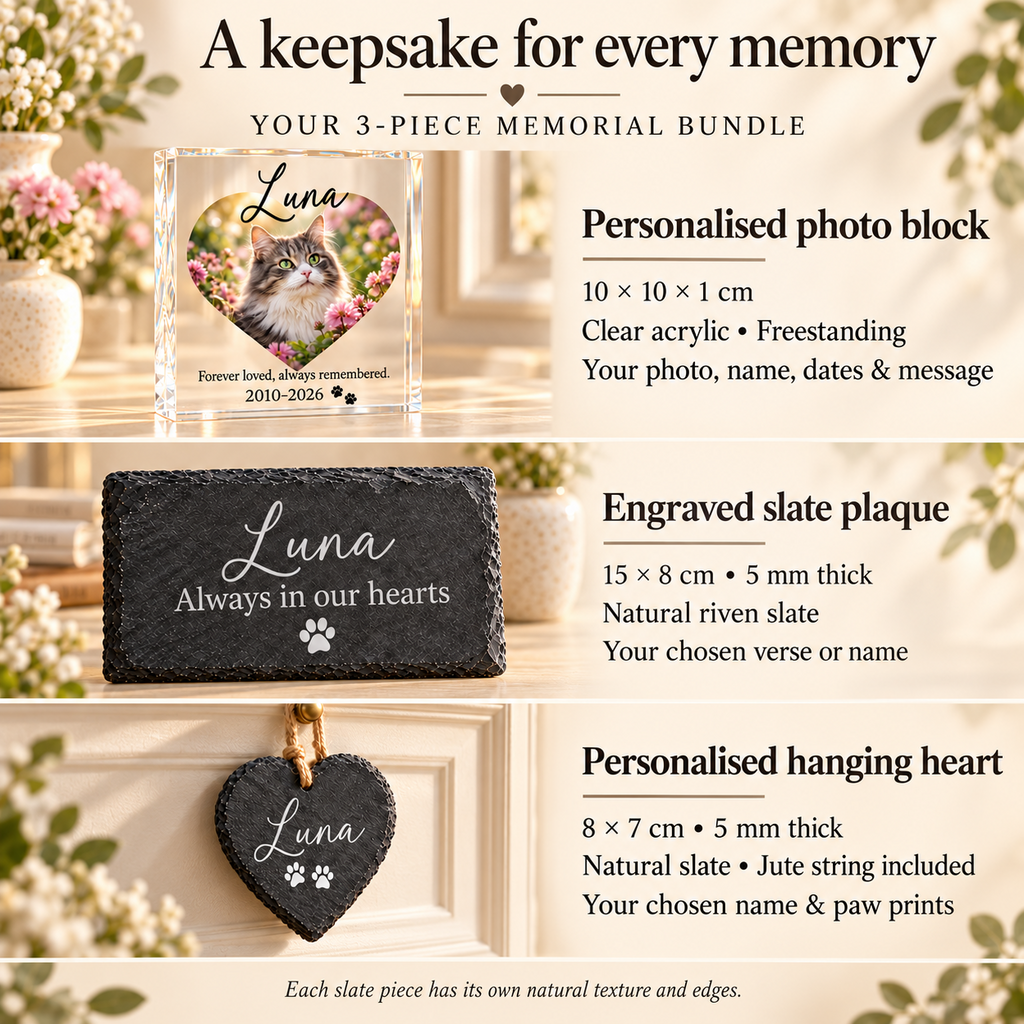 Personalised Pet Memorial Gift Set Dog Cat Photo Block Slate Plaque Heart Boxed