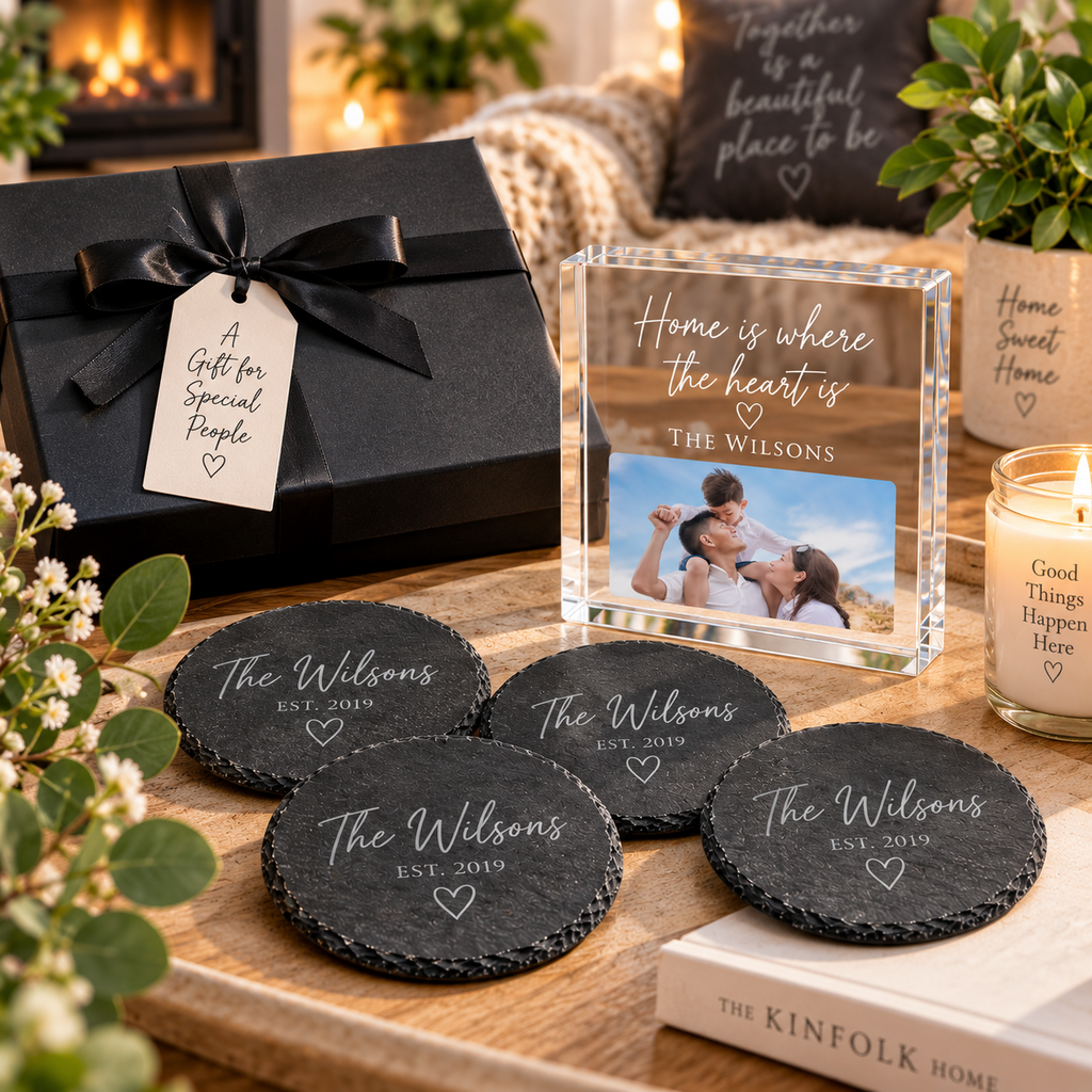 Personalised Slate Coaster Set of 4 & Acrylic Photo Block
