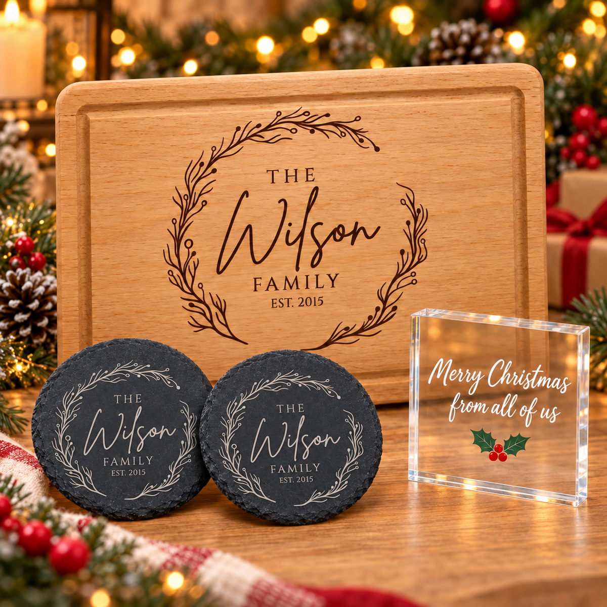 Personalised Chopping Board Gift Set 2 Slate Coasters Acrylic Block Family Gift