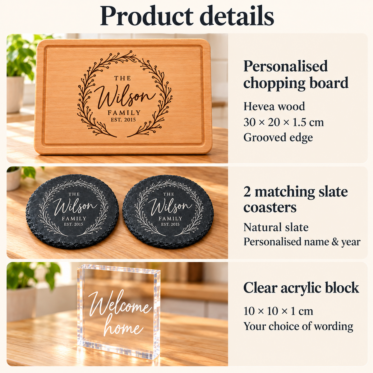 Personalised Chopping Board Gift Set 2 Slate Coasters Acrylic Block Family Gift