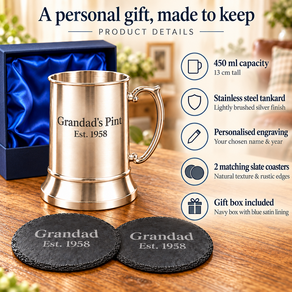 Personalised Tankard Gift Set Engraved Beer 450ml Mug 2 Slate Coasters Boxed Dad