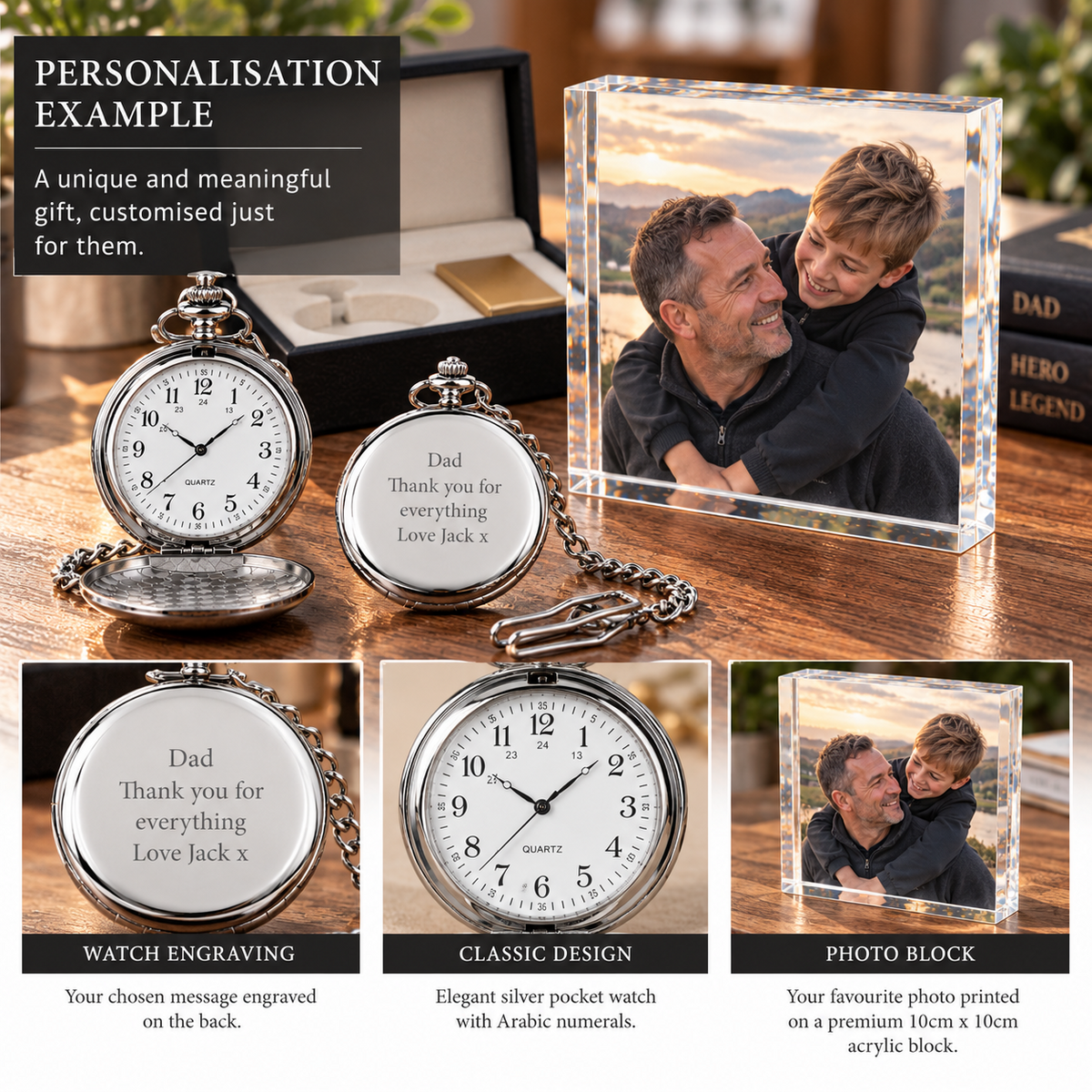 Personalised Engraved Pocket Watch & Acrylic Photo Block