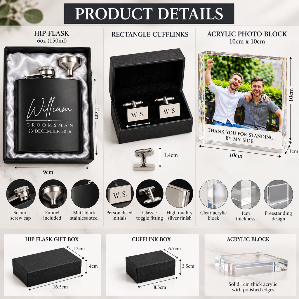 Personalised Groomsman Gift Set Hip Flask Cufflinks Photo Block