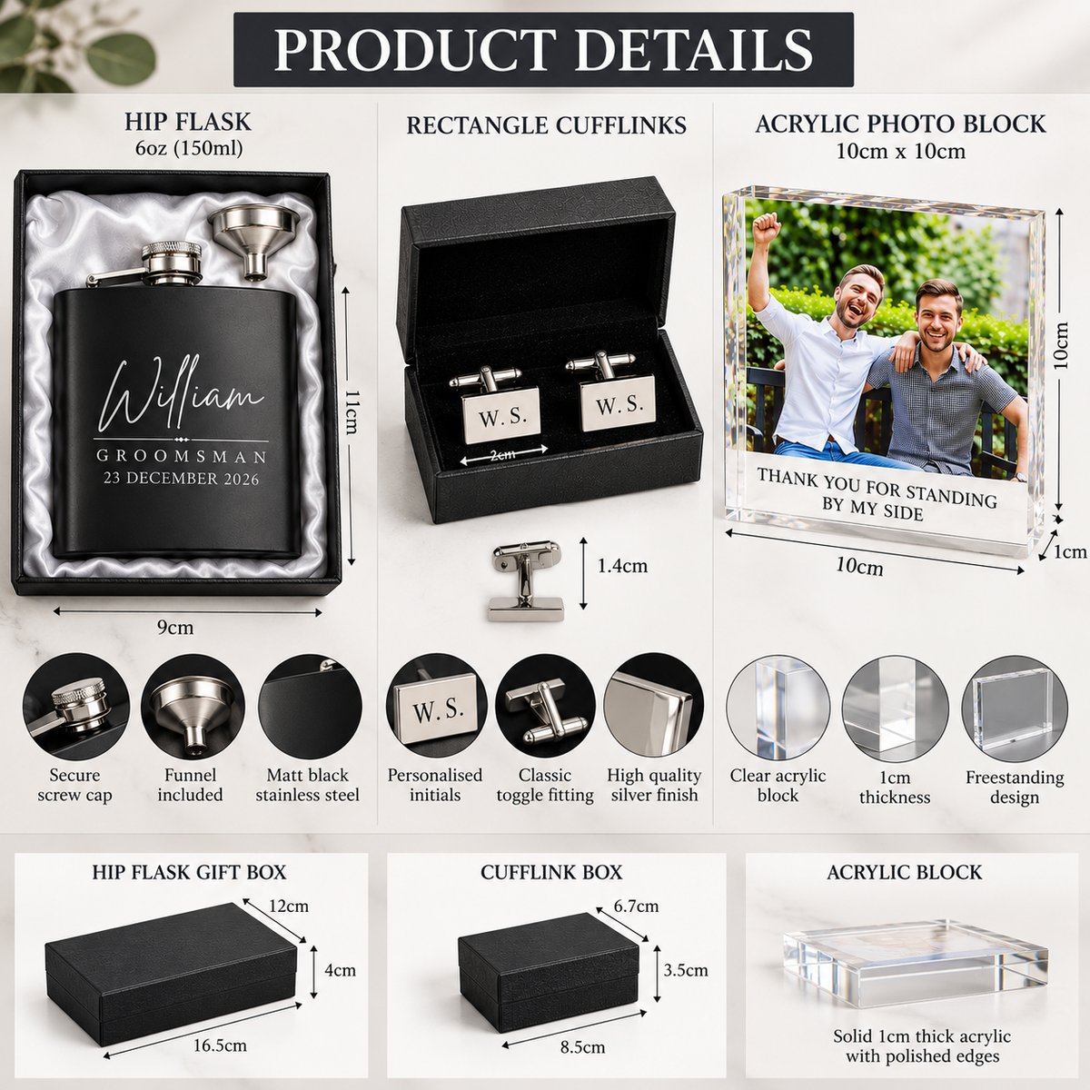 Personalised Groomsman Gift Set Hip Flask Cufflinks Photo Block