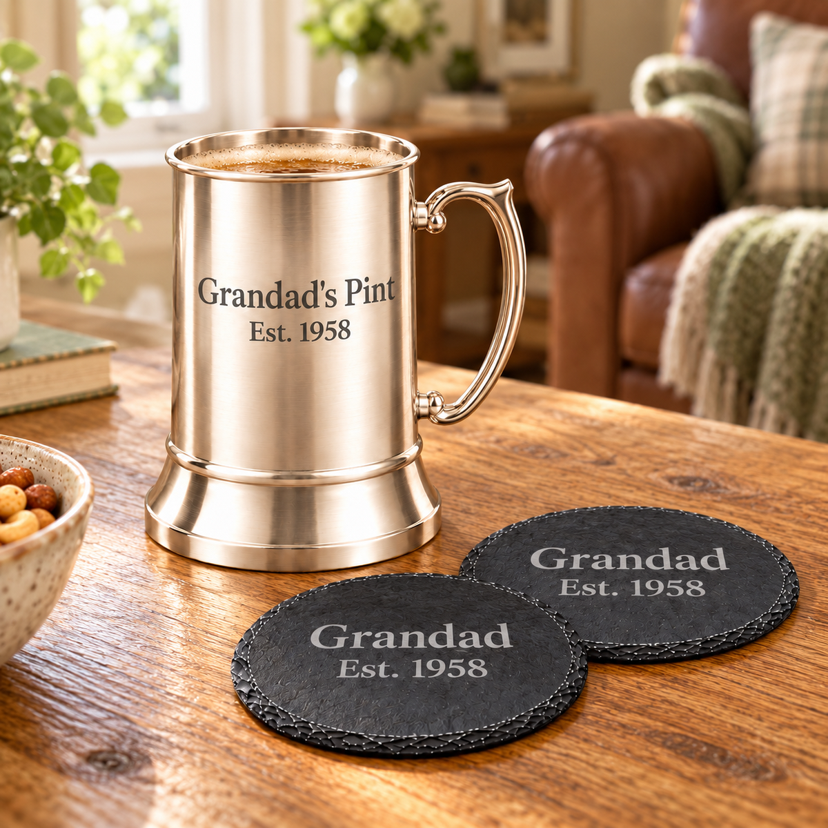 Personalised Tankard Gift Set Engraved Beer 450ml Mug 2 Slate Coasters Boxed Dad