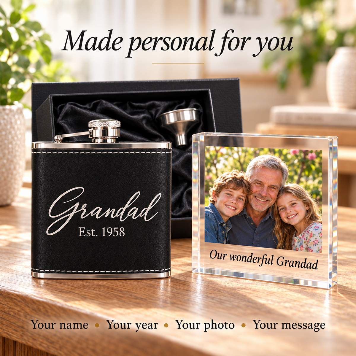 Personalised Hip Flask Gift Set Photo Acrylic Block Box