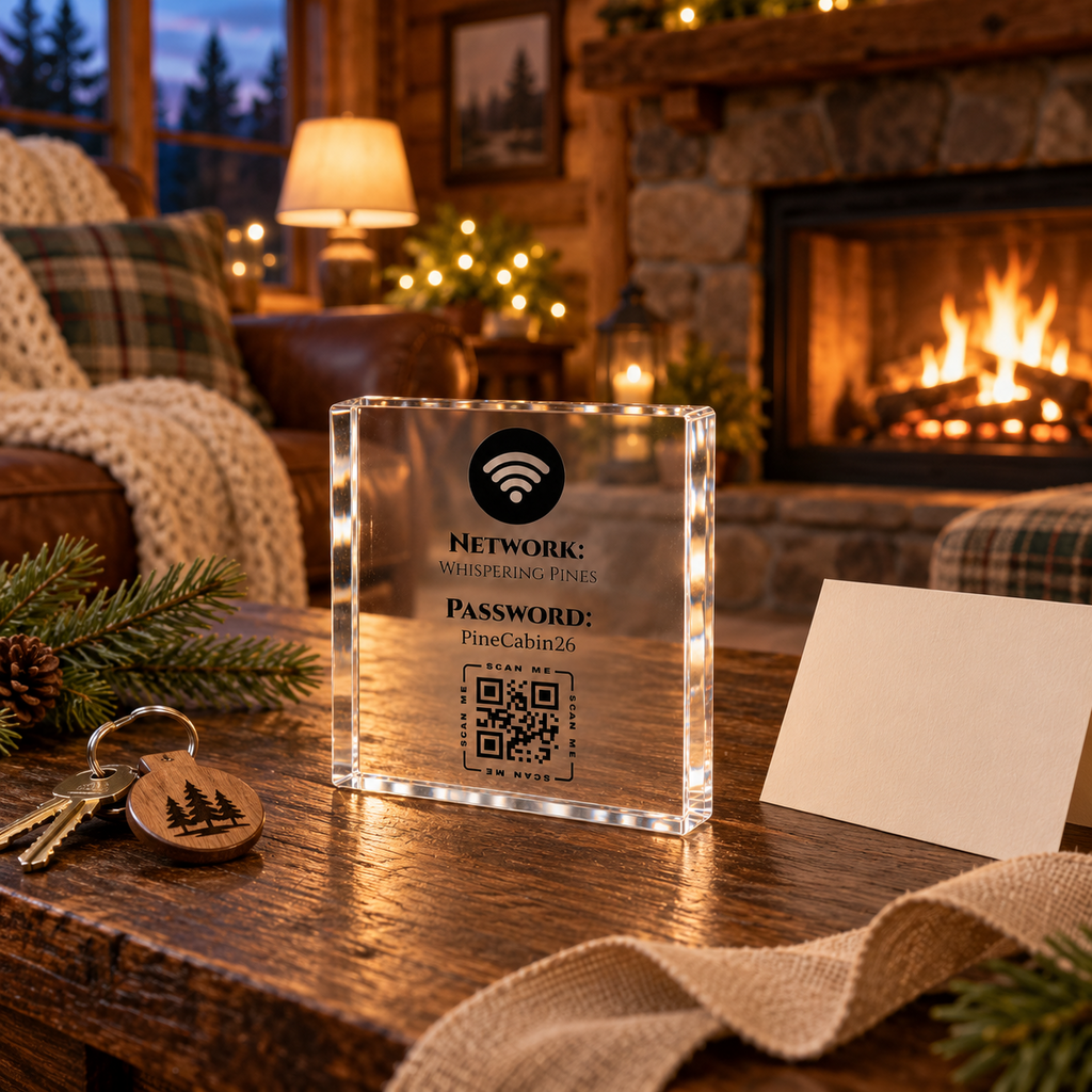 Personalised WiFi QR Code Sign - 10cm Clear Acrylic Block, Airbnb, B&B & Guest House