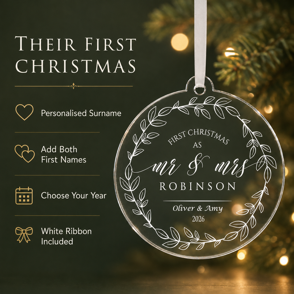Mr and Mrs wreath bauble features - personalised surname, add both first names, choose your year, white ribbon included