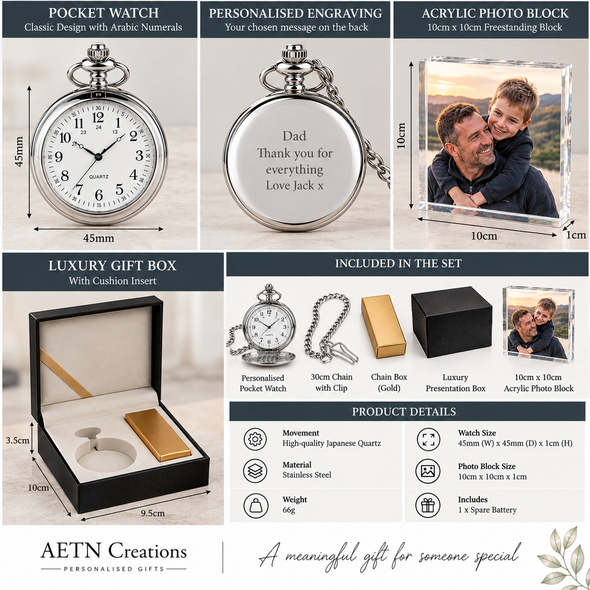 Personalised Engraved Pocket Watch & Acrylic Photo Block
