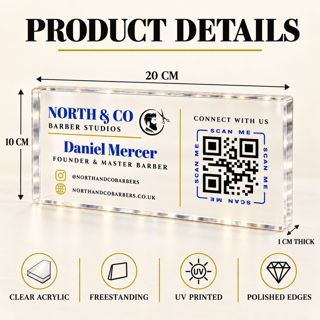 Personalised Business QR Code Sign - 20cm Acrylic Counter Display, Logo & Social Media