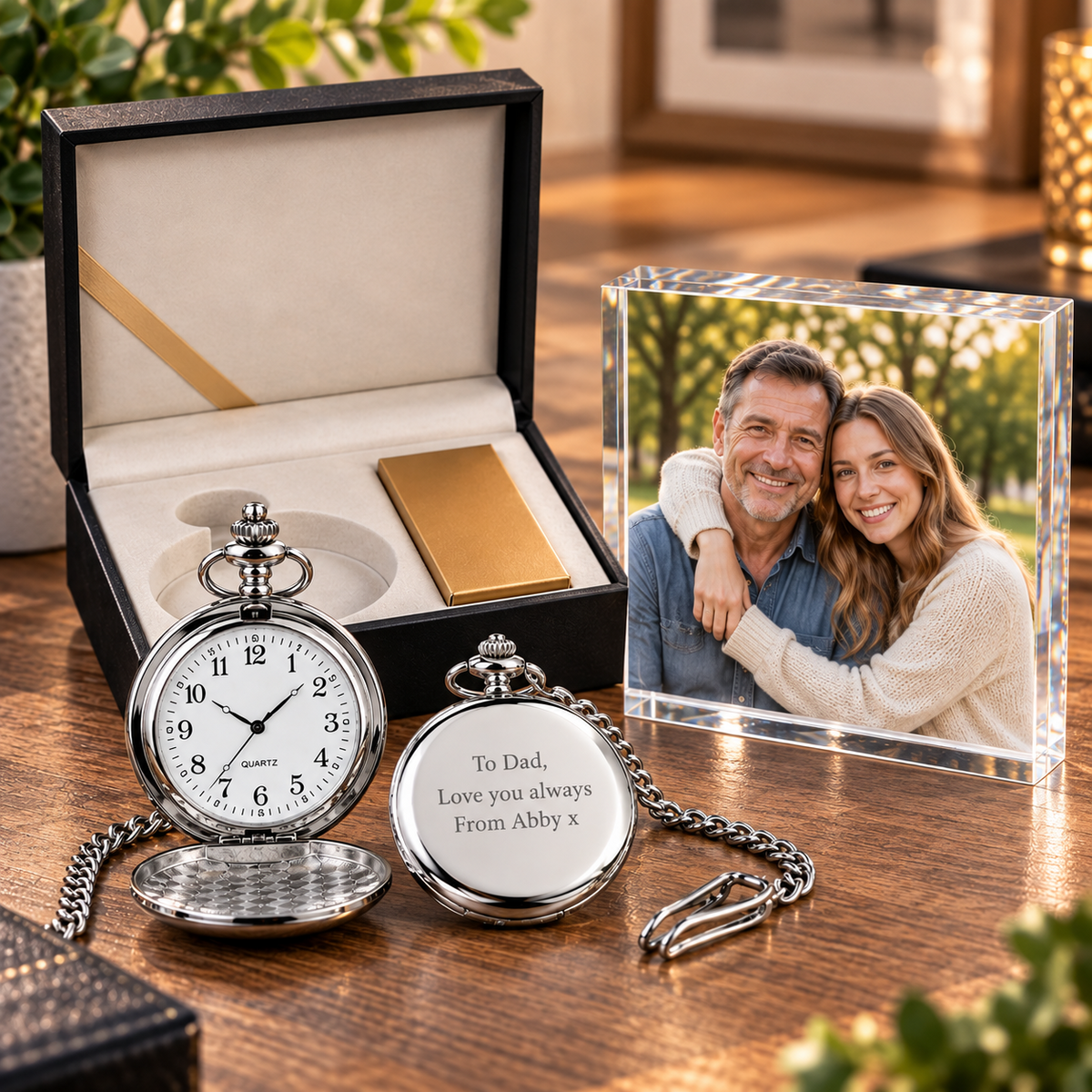 Personalised Engraved Pocket Watch & Acrylic Photo Block