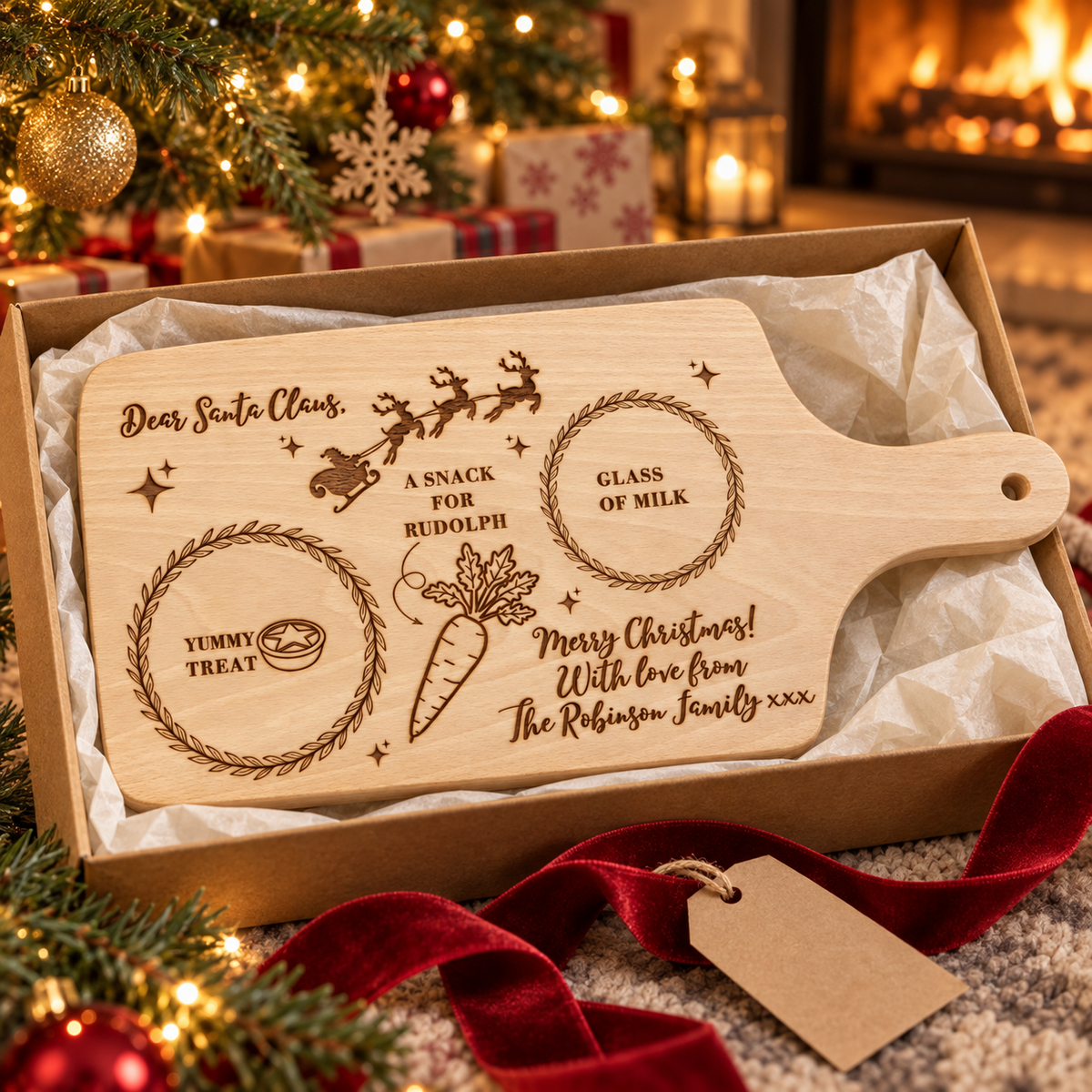 Personalised Santa Treat Board - Dear Santa Claus, Engraved Beechwood Christmas Eve 30x20cm