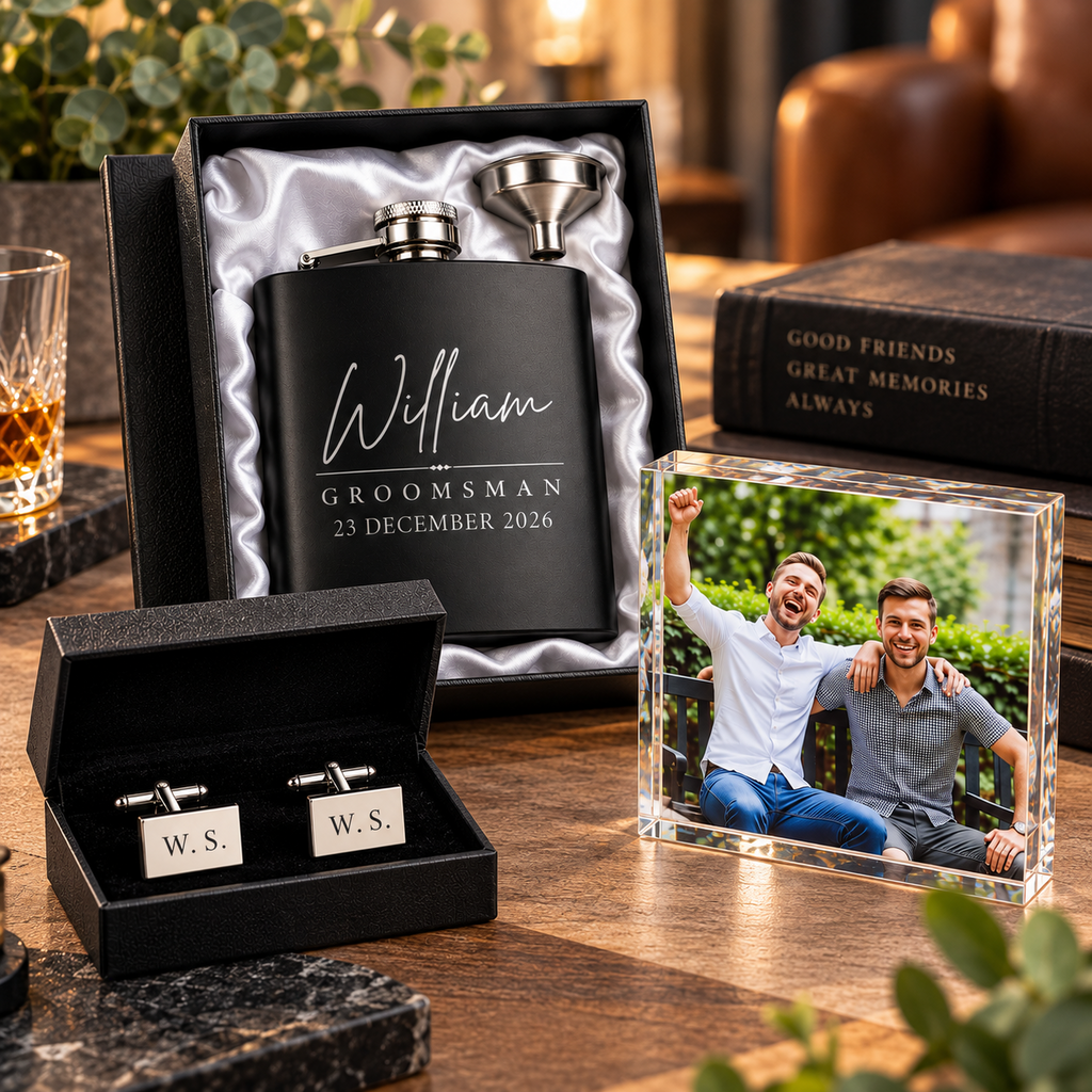Personalised Groomsman Gift Set Hip Flask Cufflinks Photo Block