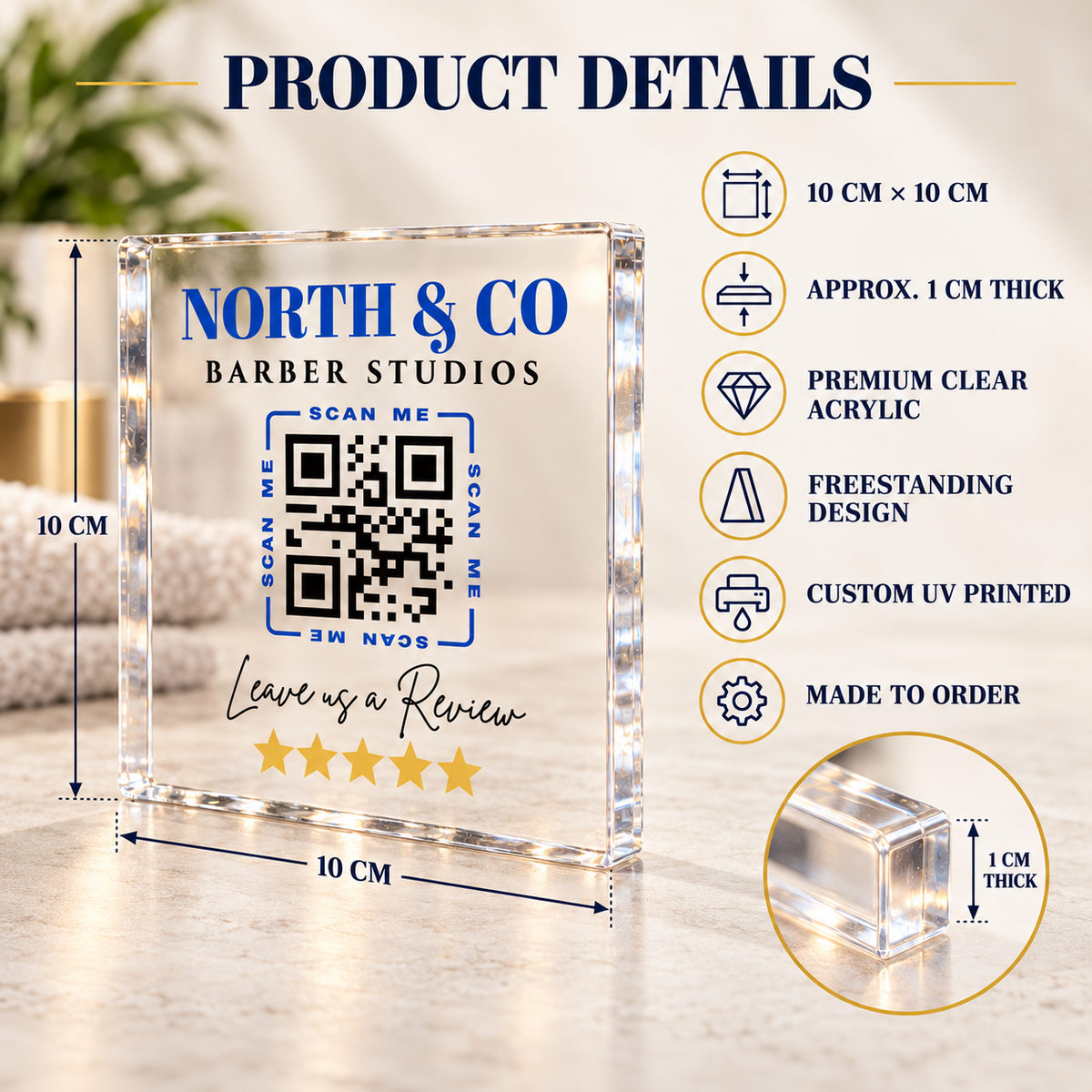 Personalised Google Review QR Code Sign - 10cm Acrylic Block with Your Business Logo