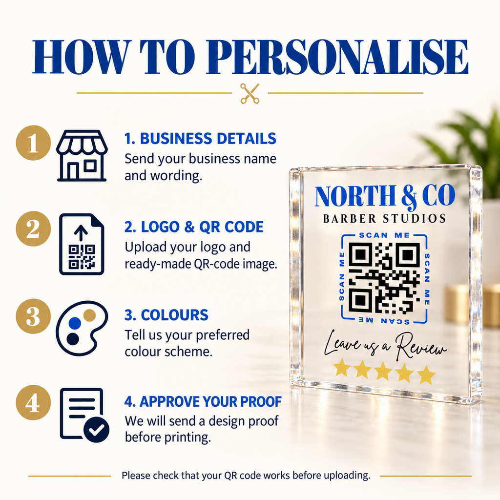 Personalised Google Review QR Code Sign - 10cm Acrylic Block with Your Business Logo