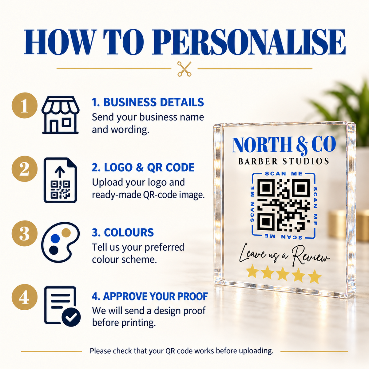 Personalised Google Review QR Code Sign - 10cm Acrylic Block with Your Business Logo