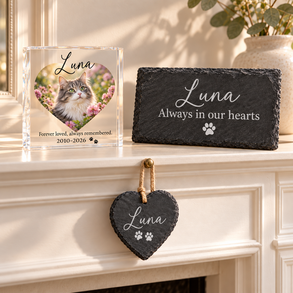 Personalised Pet Memorial Gift Set Dog Cat Photo Block Slate Plaque Heart Boxed