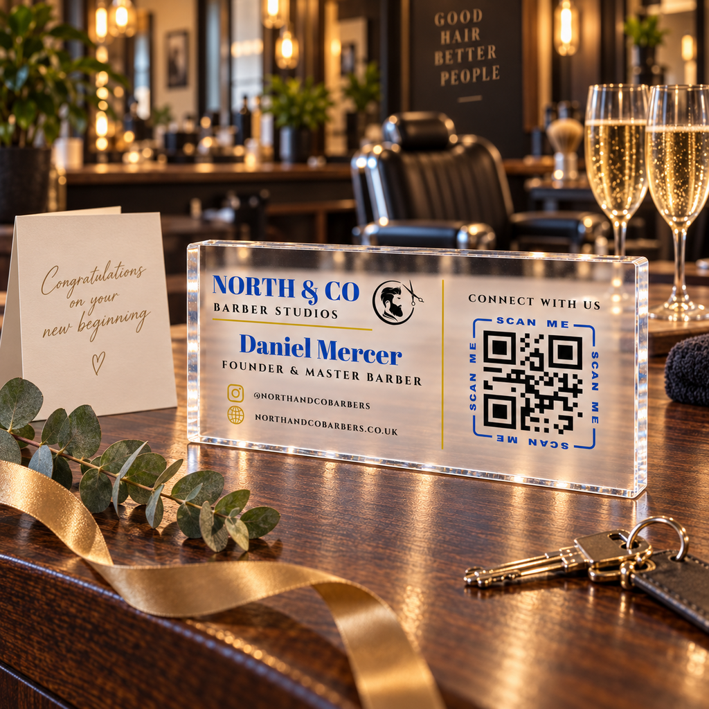 Personalised Business QR Code Sign - 20cm Acrylic Counter Display, Logo & Social Media
