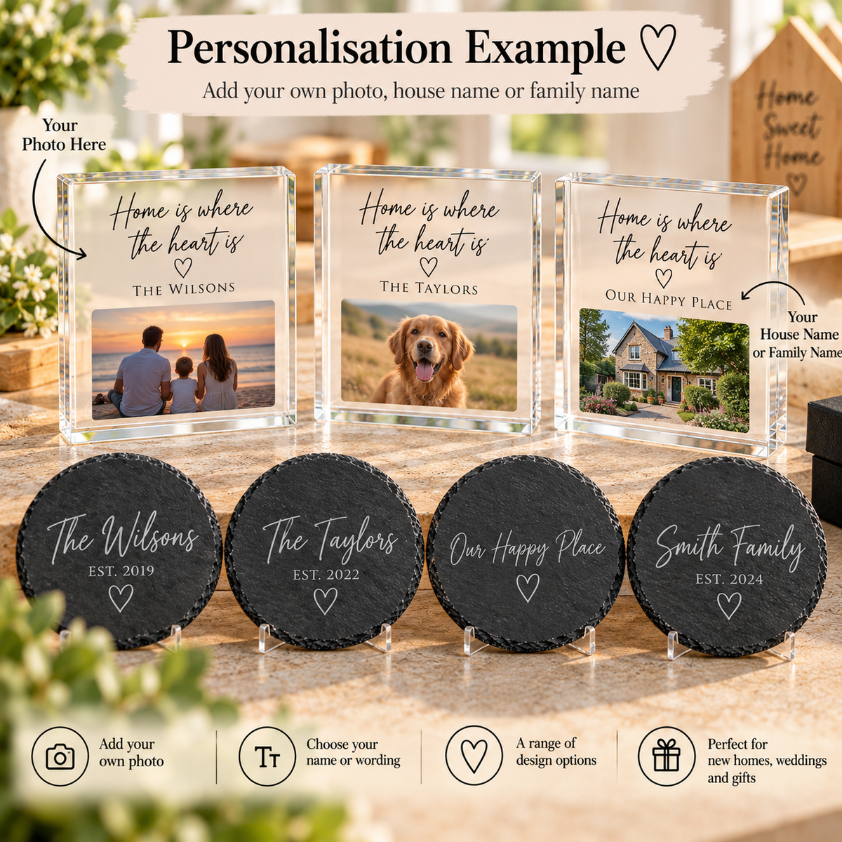 Personalised Slate Coaster Set of 4 & Acrylic Photo Block