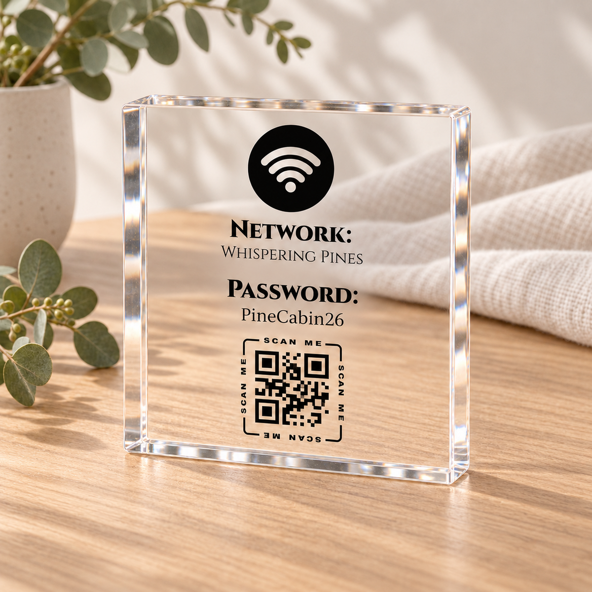 Personalised WiFi QR Code Sign - 10cm Clear Acrylic Block, Airbnb, B&B & Guest House