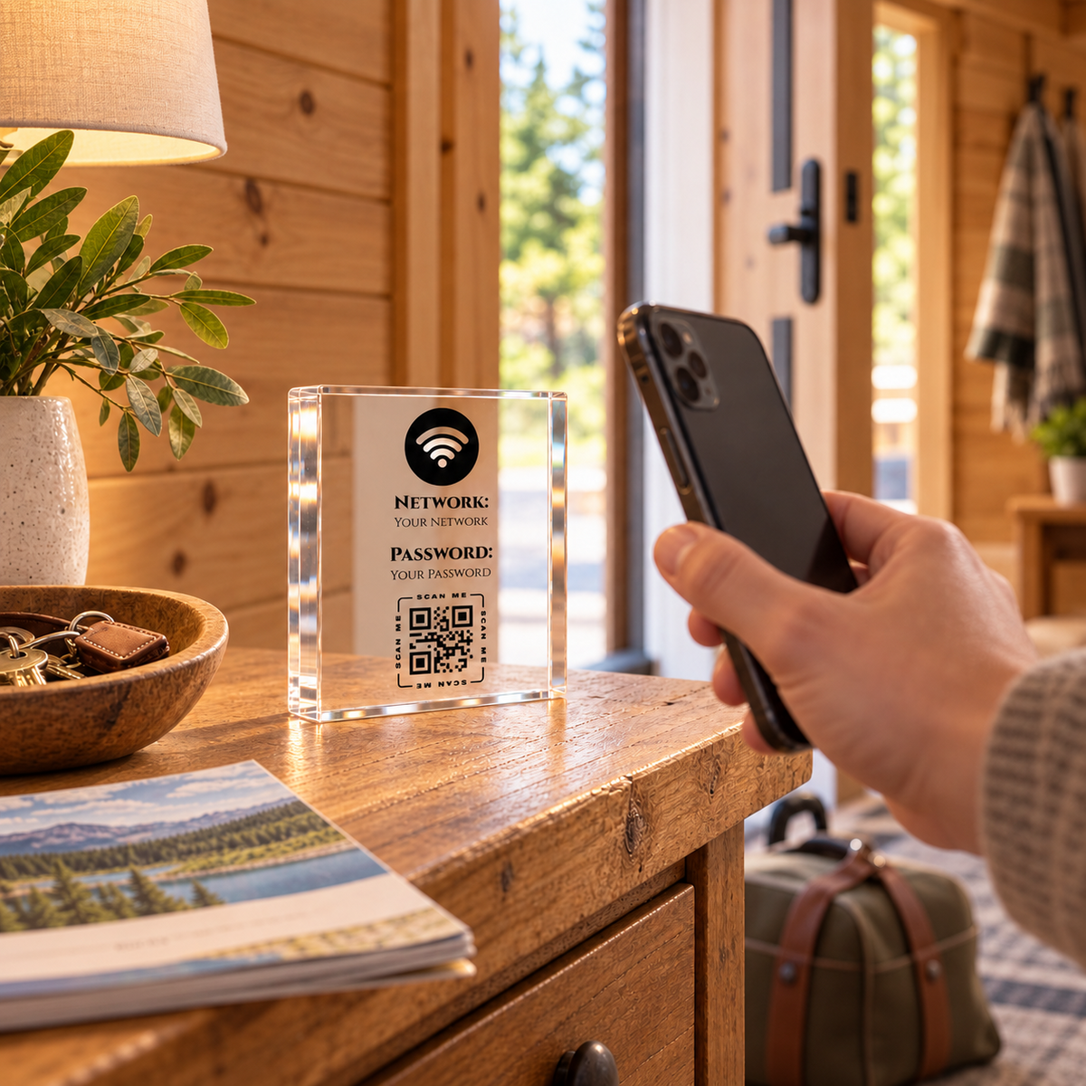 Personalised WiFi QR Code Sign - 10cm Clear Acrylic Block, Airbnb, B&B & Guest House