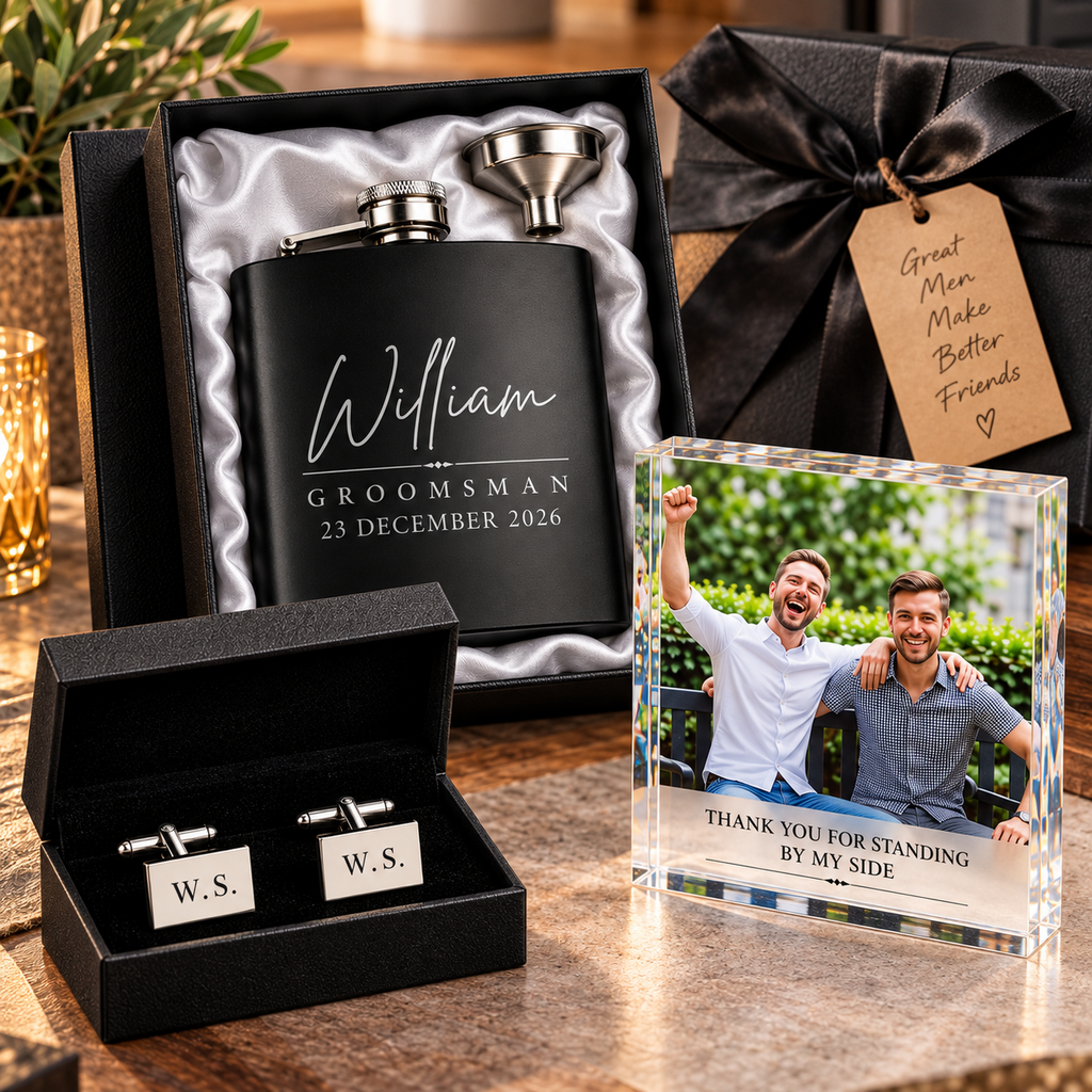 Personalised Groomsman Gift Set Hip Flask Cufflinks Photo Block