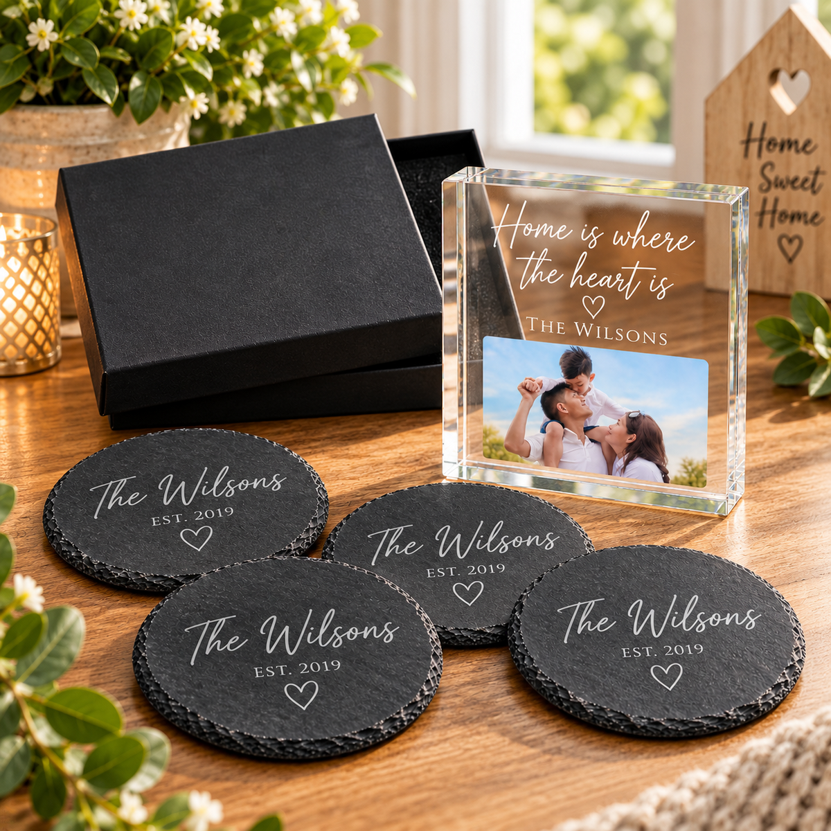 Personalised Slate Coaster Set of 4 & Acrylic Photo Block