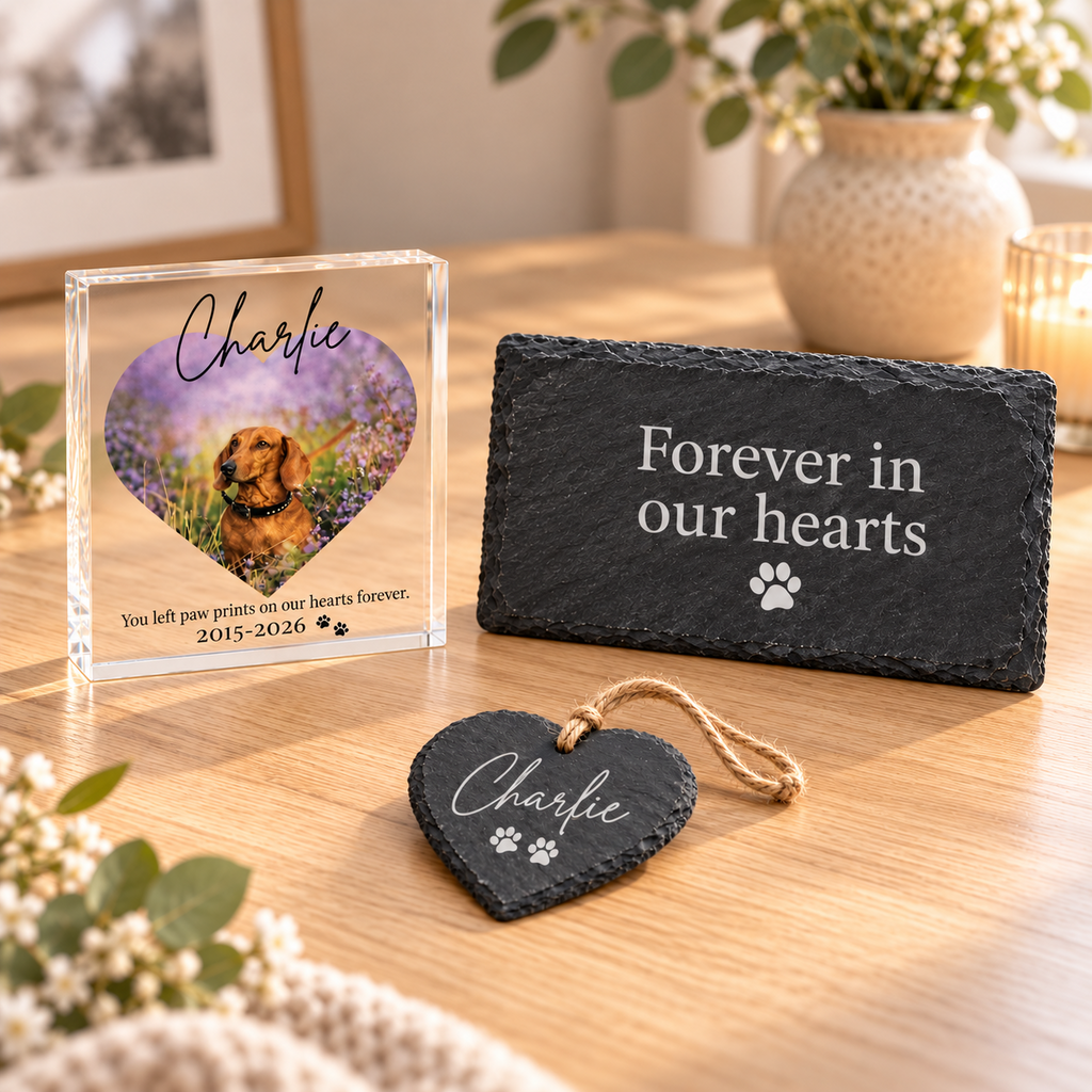 Personalised Pet Memorial Gift Set Dog Cat Photo Block Slate Plaque Heart Boxed