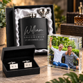 Personalised Groomsman Gift Set Hip Flask Cufflinks Photo Block
