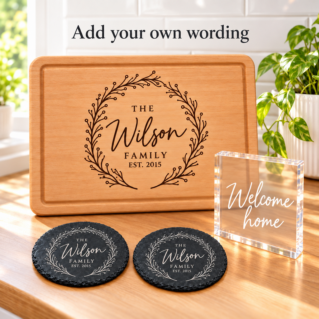Personalised Chopping Board Gift Set 2 Slate Coasters Acrylic Block Family Gift