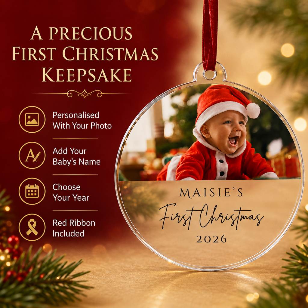 Baby's first Christmas bauble features - personalised with your photo, add baby's name, choose your year, red ribbon included