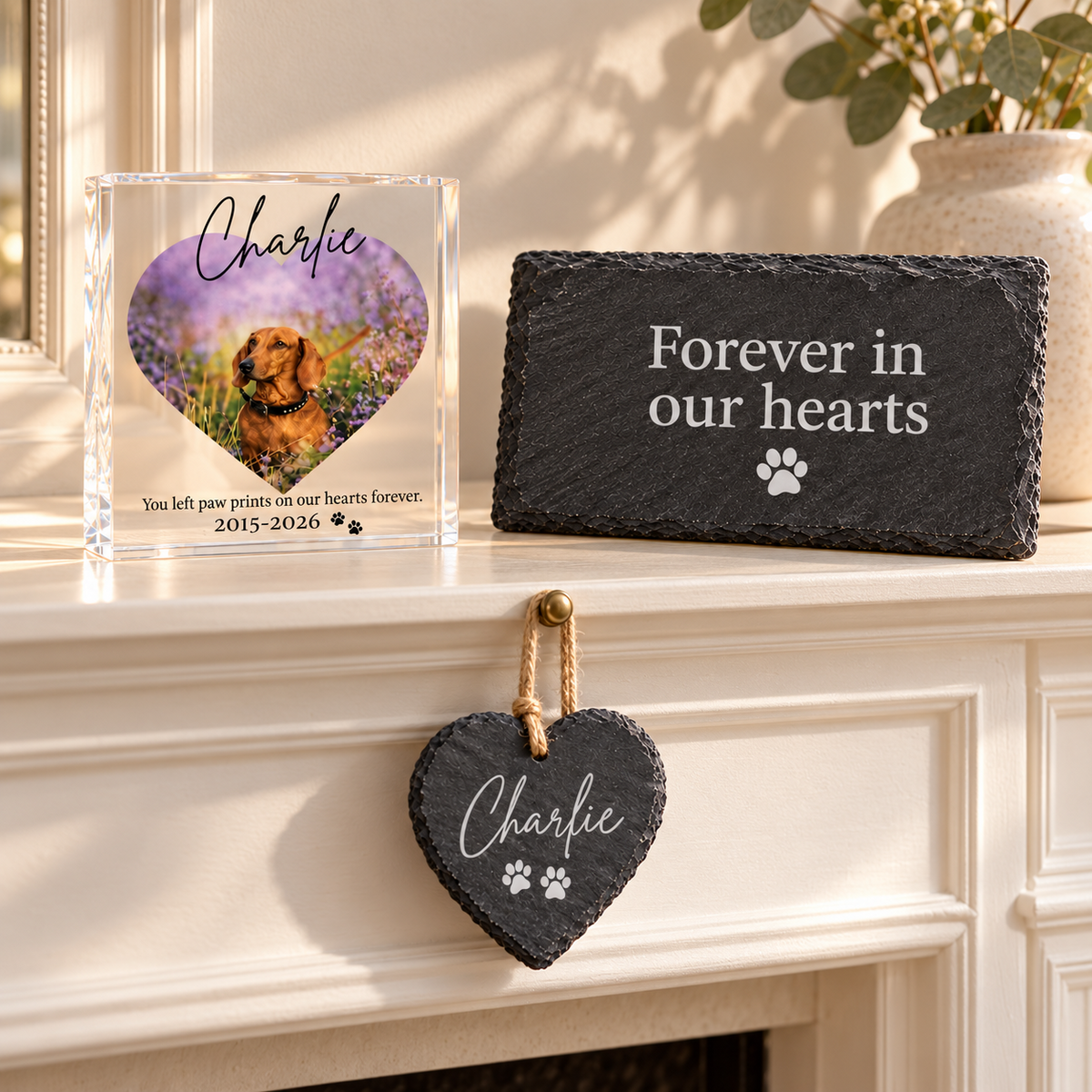 Personalised Pet Memorial Gift Set Dog Cat Photo Block Slate Plaque Heart Boxed
