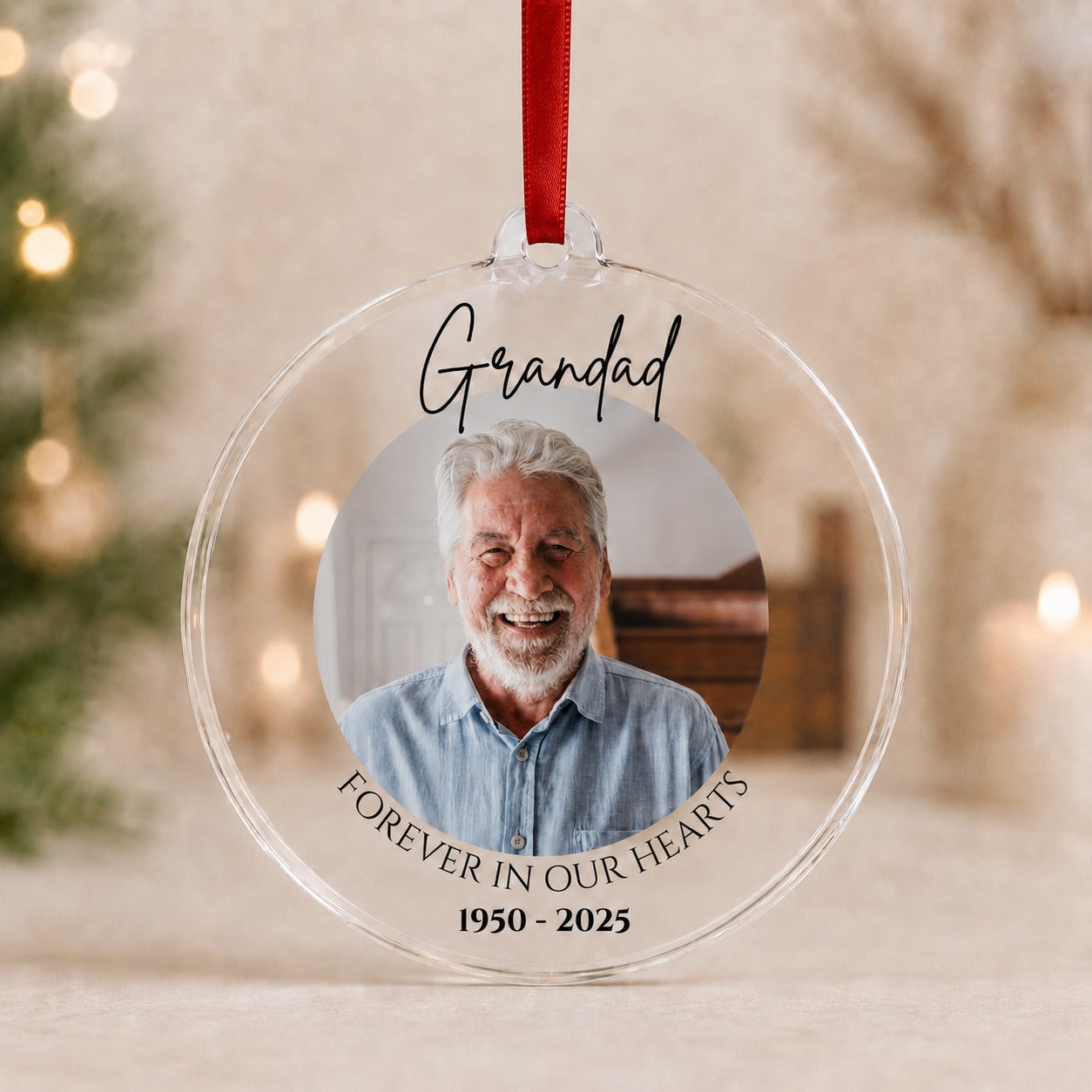 Personalised memorial Christmas bauble with photo, Grandad and dates 1950 to 2025, Forever In Our Hearts