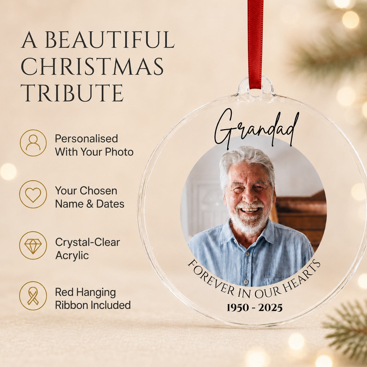 Memorial Christmas bauble shown with a different photograph and name