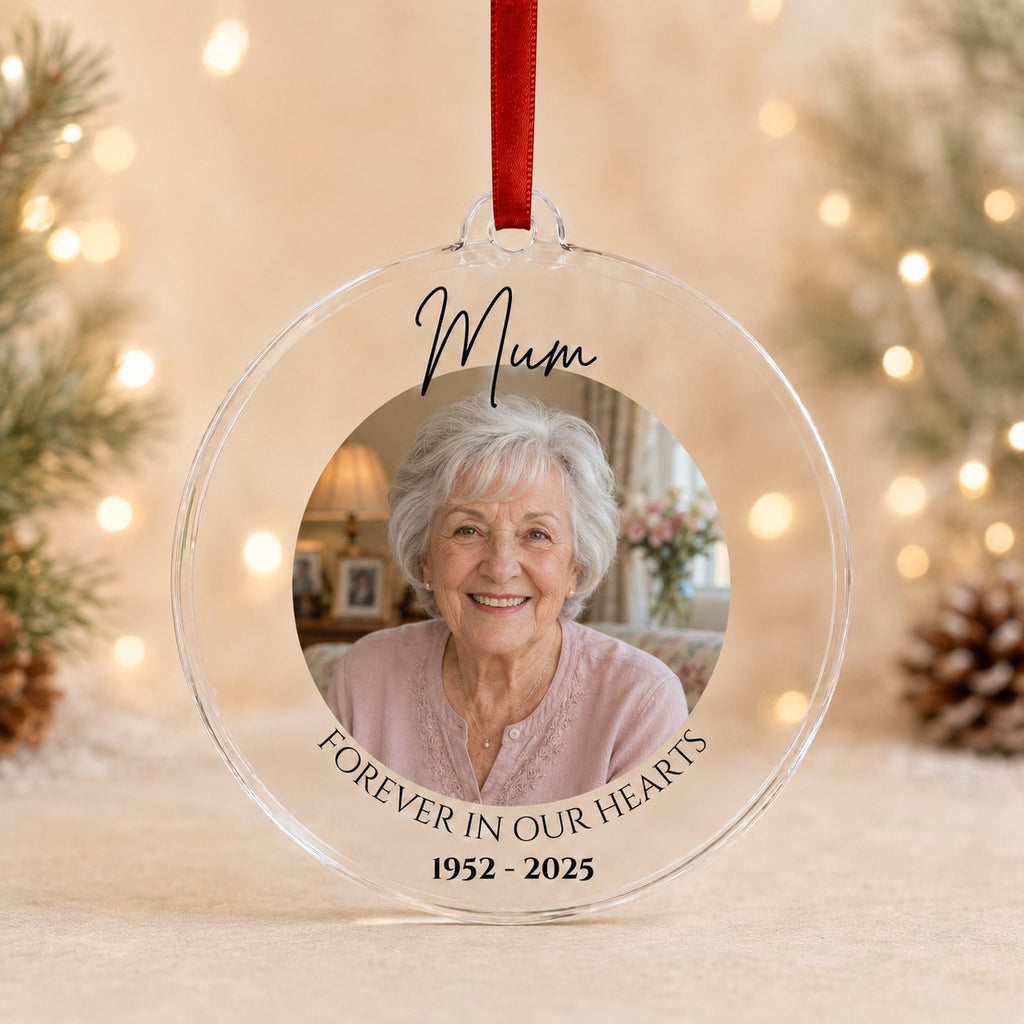 Close up of the memorial bauble circular photo frame and Forever In Our Hearts wording on clear acrylic