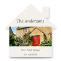 Personalised house-shaped acrylic photo block with home photo, family name and date