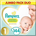 Pampers Baby Nappies Size 1 (2-5 kg / 4-11 lbs) Premium Protection, (New Baby), 144 Count, Jumbo Pack Duo, Essentials For Newborn