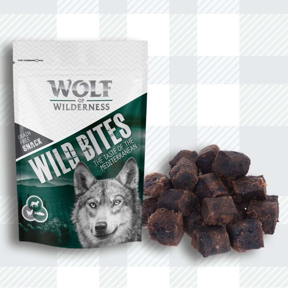 AETN Creations Wolf of Wilderness Wild Bites 3 x 180g Variety Pack Grain-Free Dog Treats in High Valley Beef, Scandinavia & Canada Flavours with AETN Cork Coaster Gift