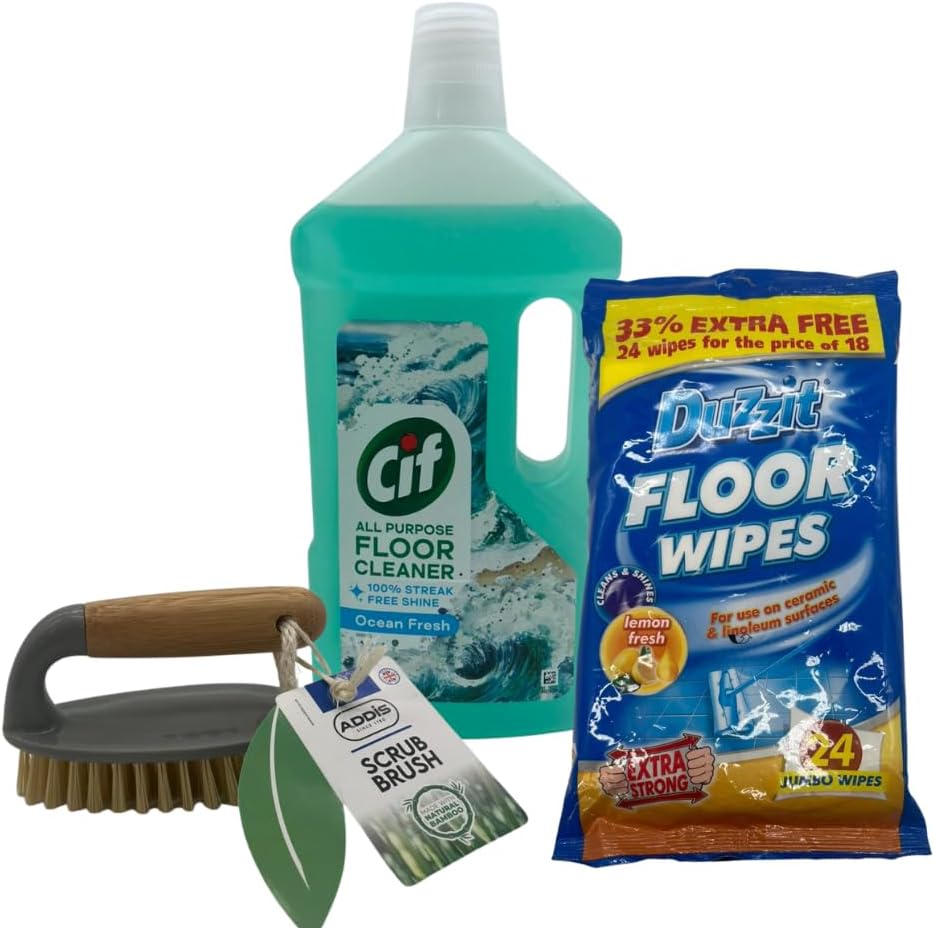 Hard Floor Cleaning Kit – All-Purpose Floor Cleaner, 24 Jumbo Lemon-Fresh Floor Wipes & Bamboo Handle Scrub Brush | 3-Piece Cleaning Set for Tile, Laminate, Vinyl & Lino