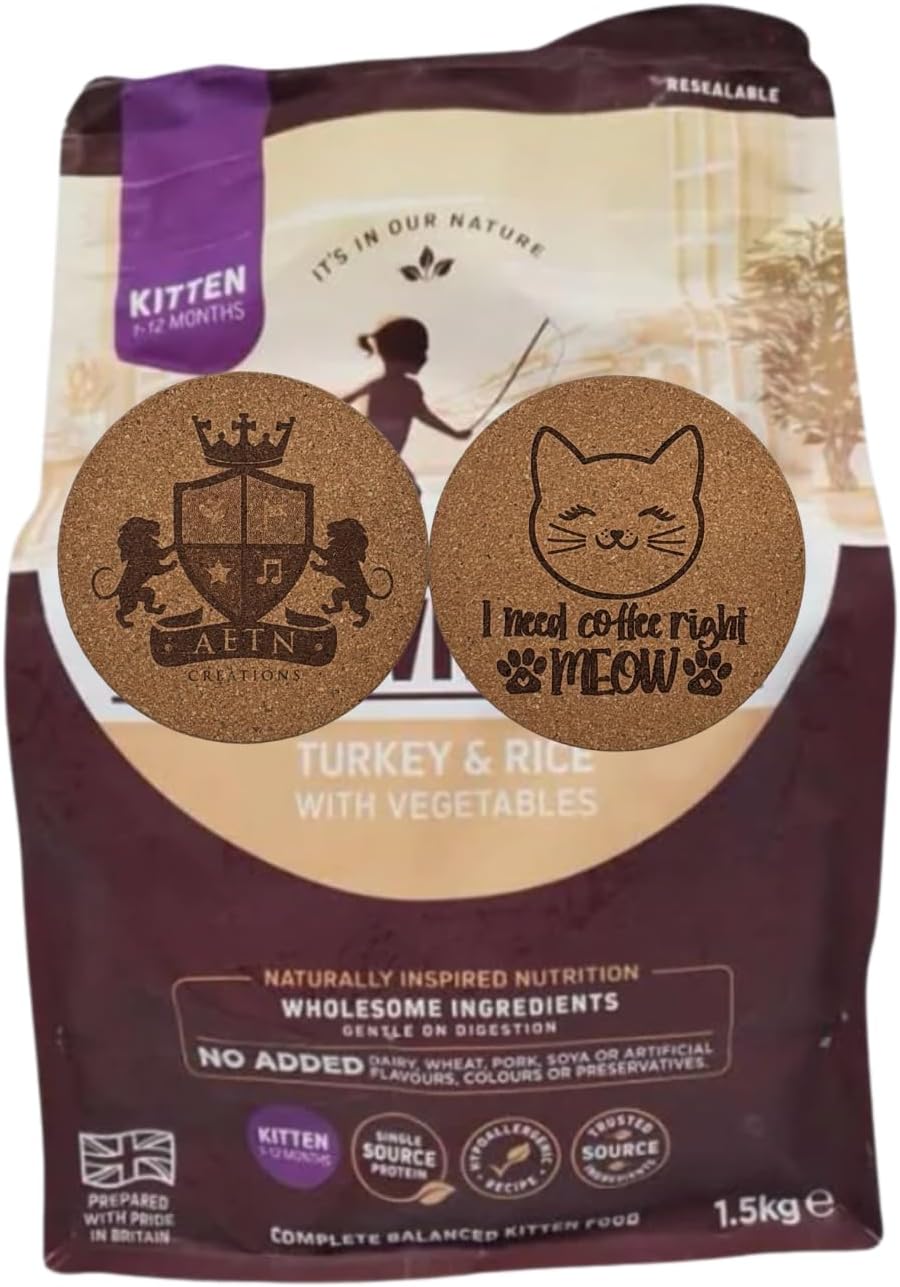 AETN Creations Dry Kitten Food Turkey & Rice with Veg 1.5kg Nutrient-Rich Formula for Growing Cats with Mouse Toy and Delicious AETN Cat Coaster Treat