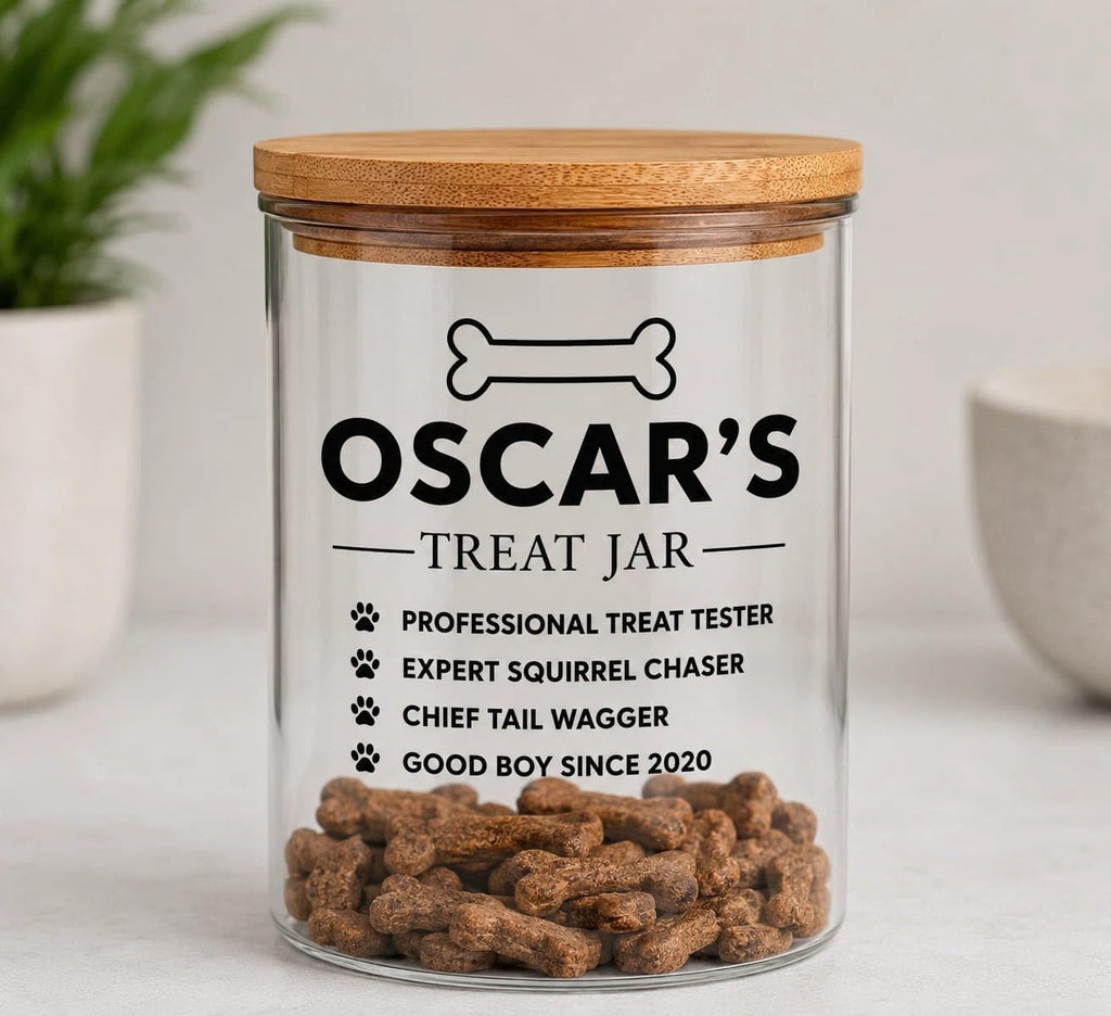 AETN Creations Personalised Dog Treat Jar 750ml with Engraved Bamboo Lid, Custom Name and Year, Glass Pet Biscuit Storage Container, Dog Lover Gift, Made in the UK
