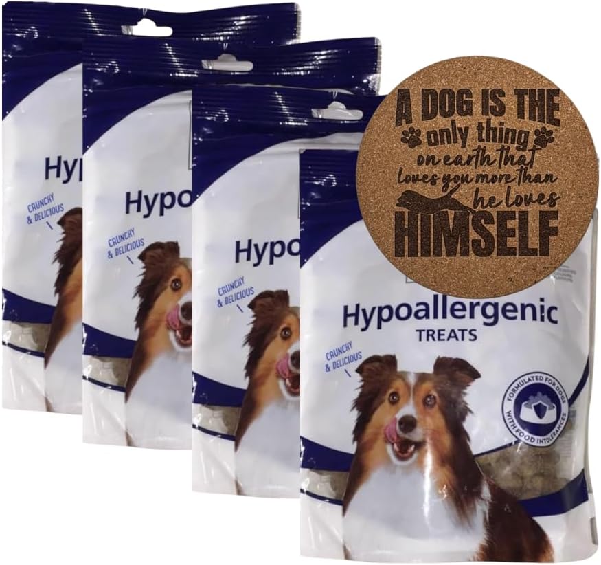 AETN Creations Hypoallergenic Dog Treats 4x200g Bundle with Chicken plus AETN Exclusive Dog Coaster