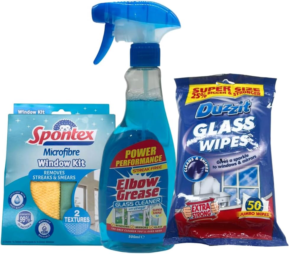 Window & Glass Cleaning Kit – Streak-Free Glass Spray 500ml, 50 Jumbo Glass Wipes & Reusable Microfibre Window Cloths | 3-Piece Set for Windows, Mirrors, Screens & Splashbacks