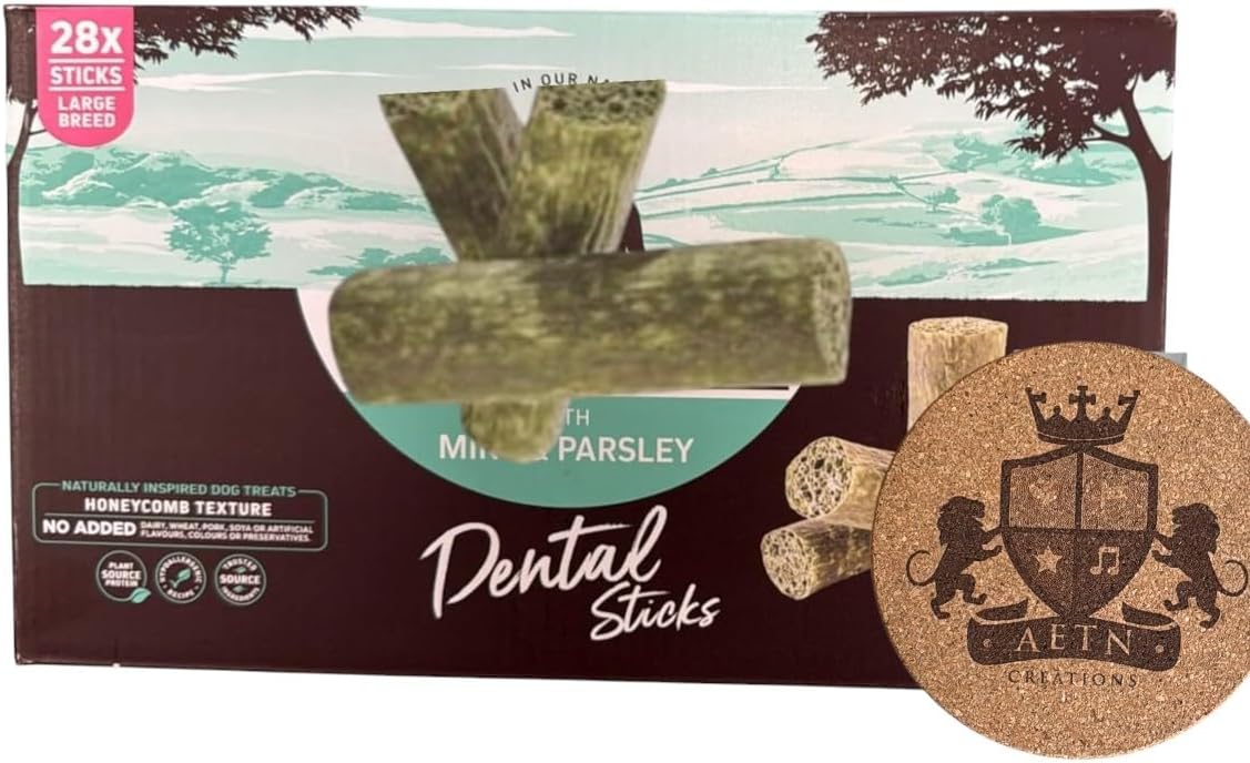 AETN Creations Bundle of Dental Sticks for Large Breed Dogs in Mint and Parsley 1x28 (1.06kg) Sticks to Support Oral Health plus AETN Coaster