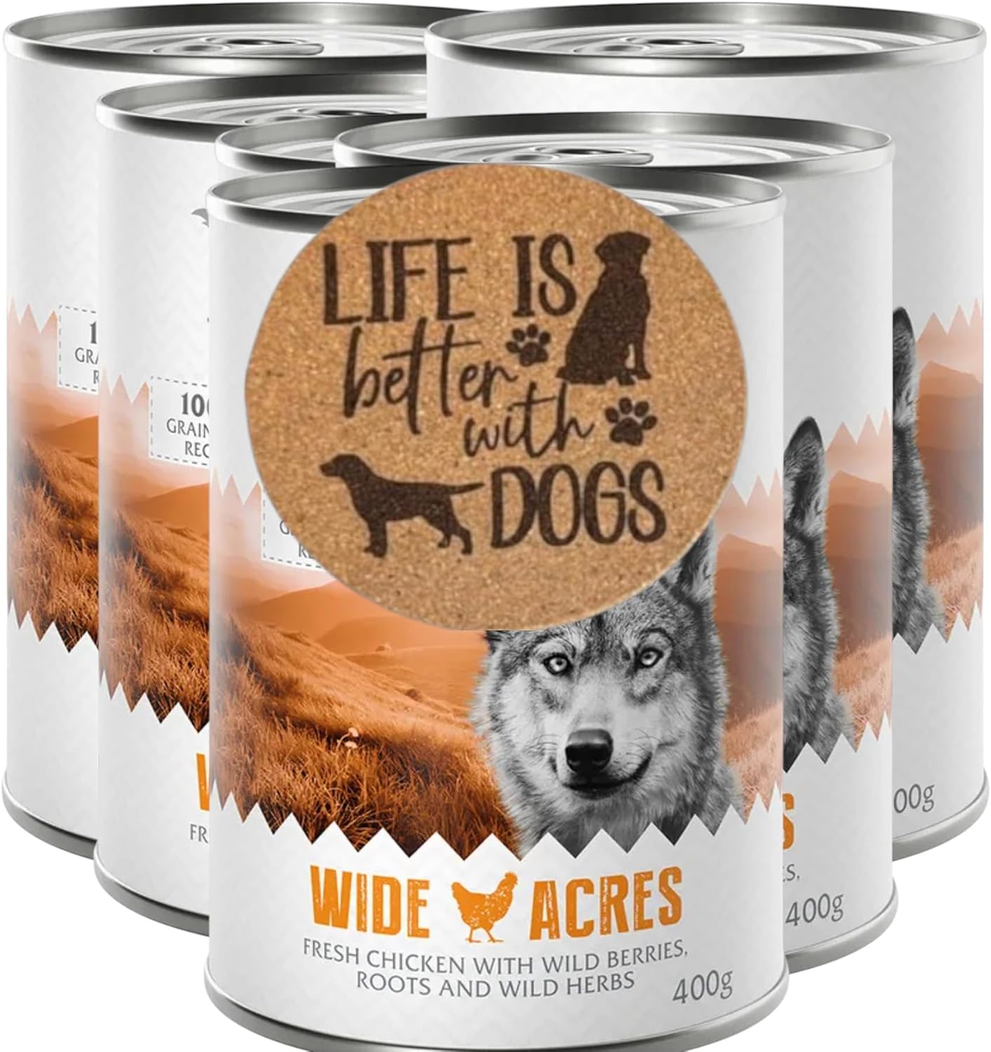 AETN Creations Wide Acres Wet Dog Food – 400g Tin (Fresh Chicken with Wild Berries, Roots & Herbs, Grain-Free Recipe) + 1 of 6 Exclusive Dog Coasters – Natural Complete Meal for Adult Dogs