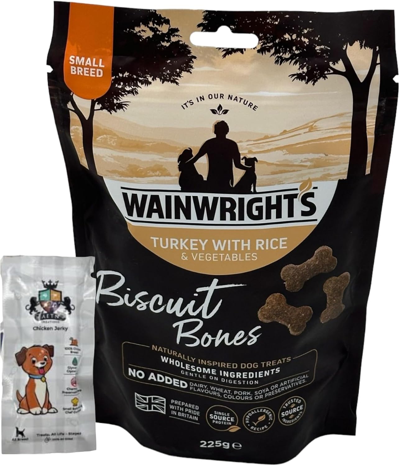 AETN Creations Wainwright's Turkey with Rice Biscuit Bones Dog Treats 225g Hypoallergenic Recipe for Small Breed Adult Dogs with AETN Jerky Treat