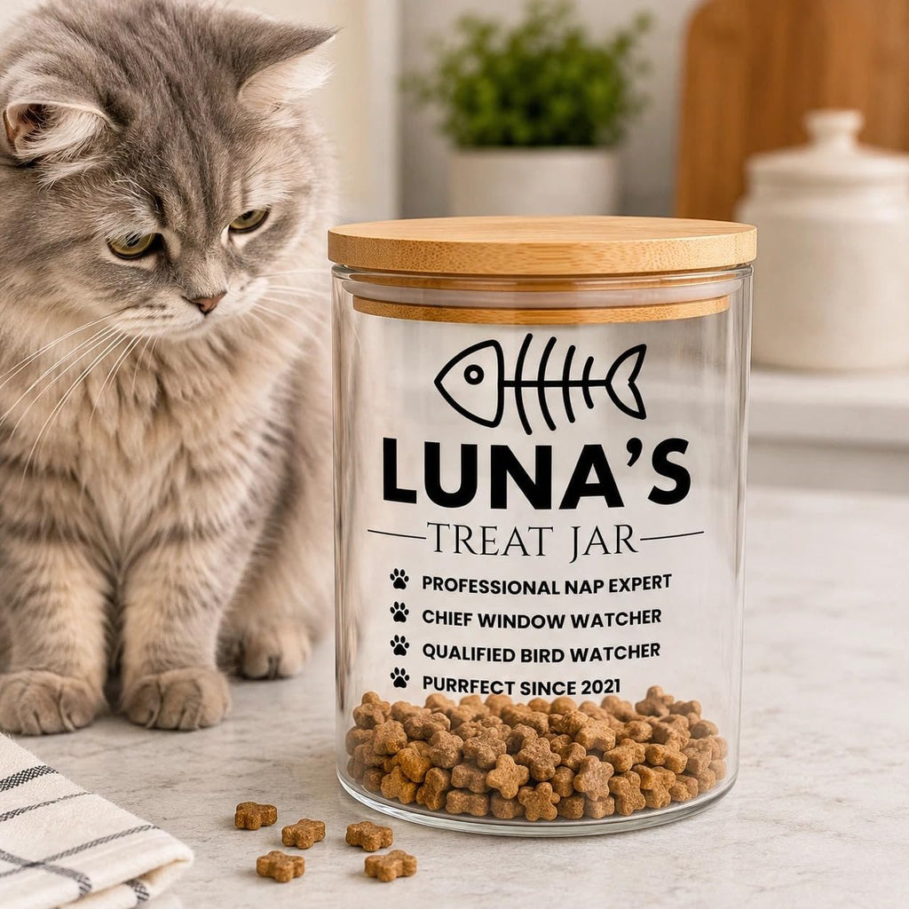 AETN Creations Personalised Cat Treat Jar 750ml with Engraved Bamboo Lid, Custom Name and Year, Glass Pet Biscuit Storage Container, Cat Lover Gift, Made in the UK