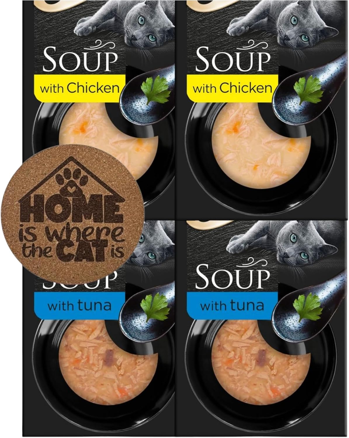 AETN Creations Cat Soup Selection with Chicken & Tuna – Complementary Cat Food Pouches – Includes 1 of 6 Exclusive AETN Creations Coasters