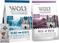 AETN Creations Wolf of Wilderness Mini Trial Travel Bundle 2x400g in Flavours Chicken with Duck and Chicken with Salmon - Grain-Free, High Protein Dry Dog Food with AETN Jerky Treat