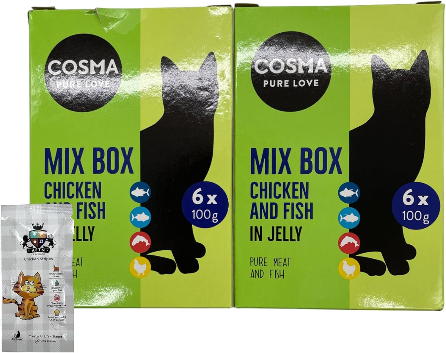 AETN Creations Cosma Pure Love Original Wet Cat Food Bundle Pack Chicken and Fish in Jelly 12x100g complete with AETN Cat Treat